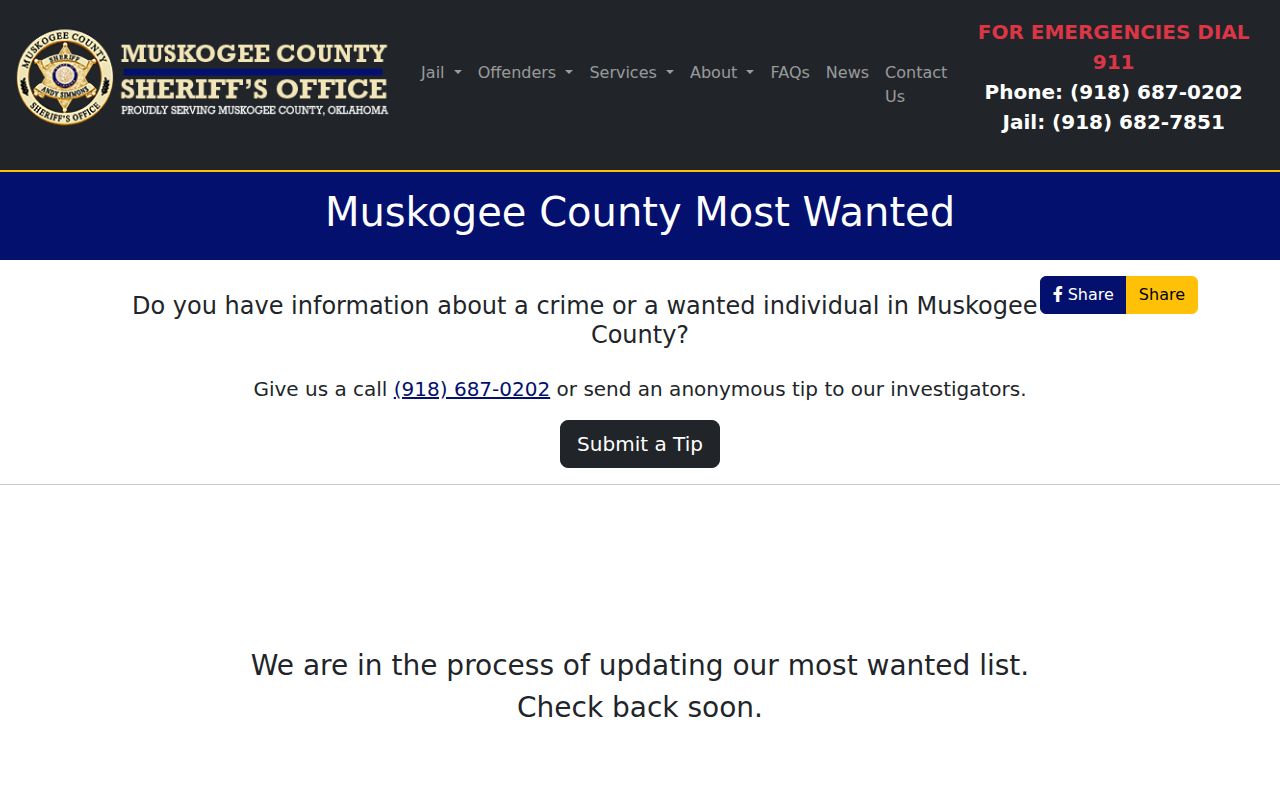 MCSO Most Wanted update warning for Muskogee County supervision checks