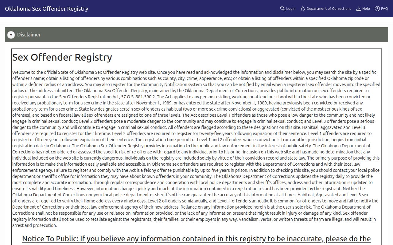 Oklahoma sex-offender registry photo channel for Muskogee County records